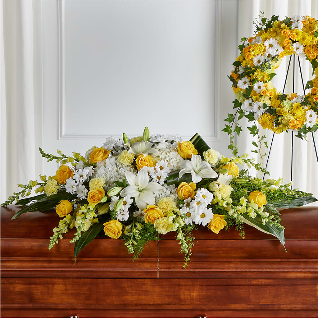 Golden Harmony Casket Spray – Lulus Petals, Farmington NM