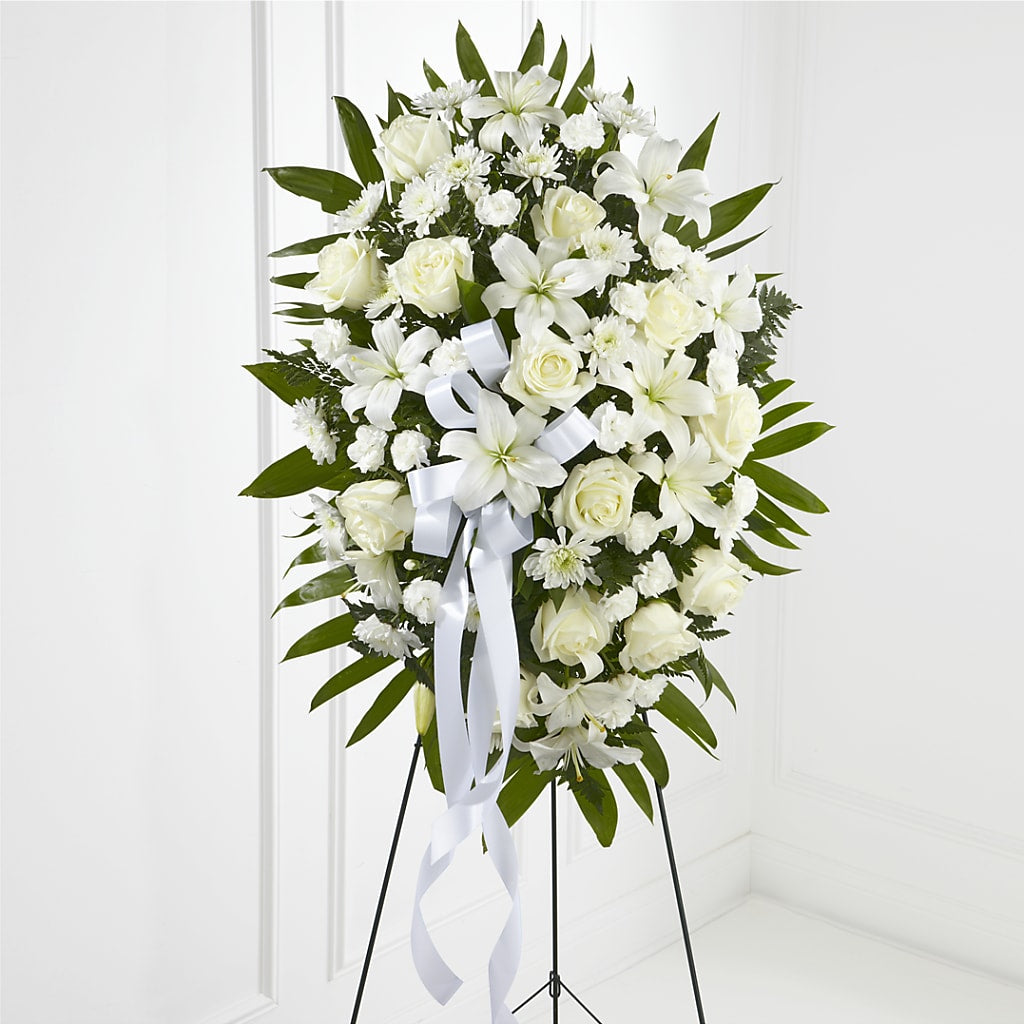 Exquisite Tribute Standing Spray-White Ribbon – Lulus Petals, Farmington NM